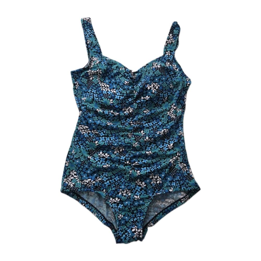 Vintage GABAR One Piece Slimming Rouched Floral Print Swimsuit Beach Size 14 W